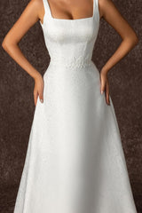 White Square Neck A-Line Sweep Train Wedding Dress with Lace Appliques Bodice Detail