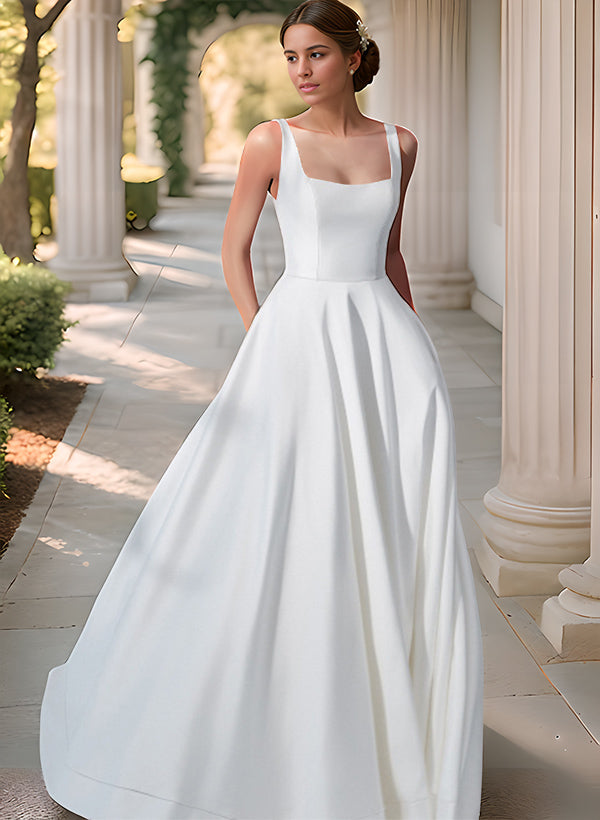 White Square Neck Satin A-Line Sweep Train Wedding Dress with Pockets and Pleats