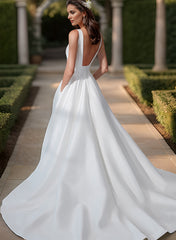 White Square Neck Satin A-Line Sweep Train Wedding Dress with Pockets and Pleats Back View