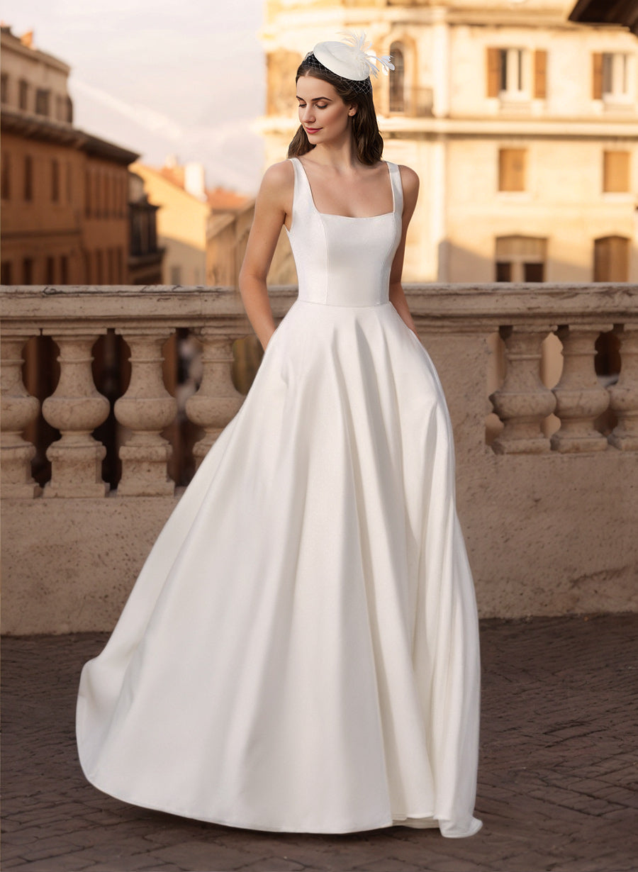 White Square Neck Satin A-Line Sweep Train Wedding Dress with Pockets and Pleats