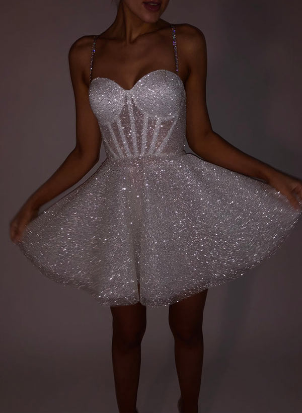 White Strapless Sequin A-Line Wedding Dress