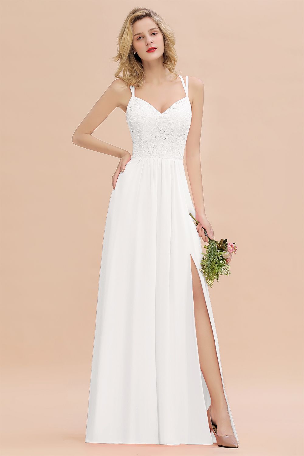 White Sweetheart Chiffon A-Line Long Bridesmaid Dress with Slit