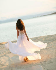 White Sweetheart Chiffon A-Line Wedding Dress with Lace Appliques and Slit Back View