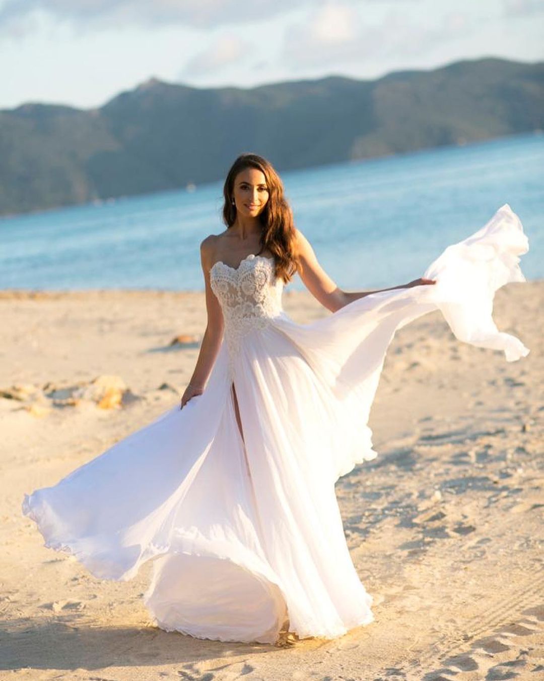 White Sweetheart Chiffon A-Line Wedding Dress with Lace Appliques and Slit