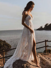 White Sweetheart Lace A-Line Wedding Dress with Slit