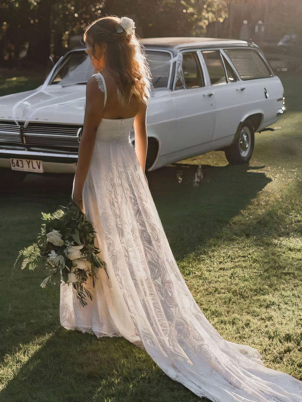 White Sweetheart Lace A-Line Wedding Dress with Slit Back View