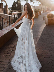 White Sweetheart Lace A-Line Wedding Dress with Slit Back View