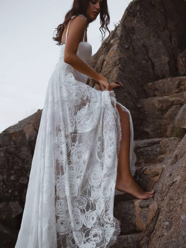 White Sweetheart Lace A-Line Wedding Dress with Slit Side View