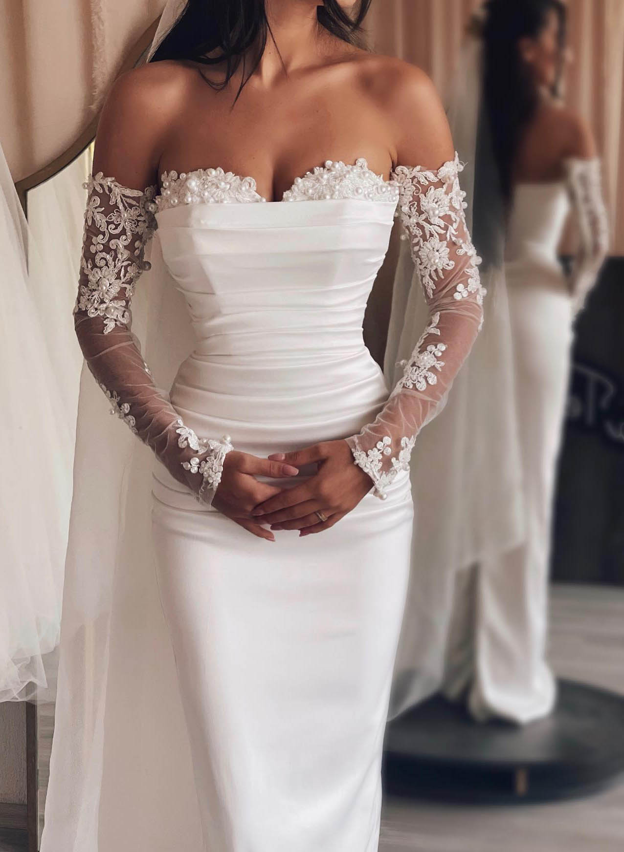 White Sweetheart Satin Sheath Chapel Train Wedding Dress Bodice Detail