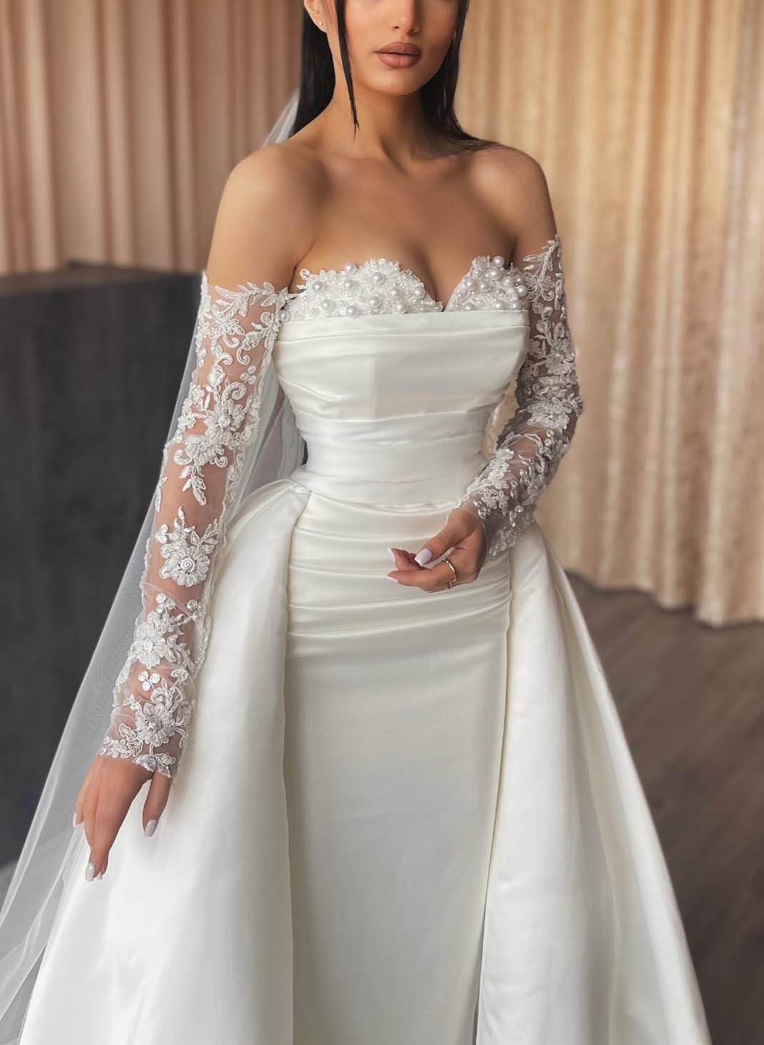 White Sweetheart Satin Sheath Chapel Train Wedding Dress Bodice Detail