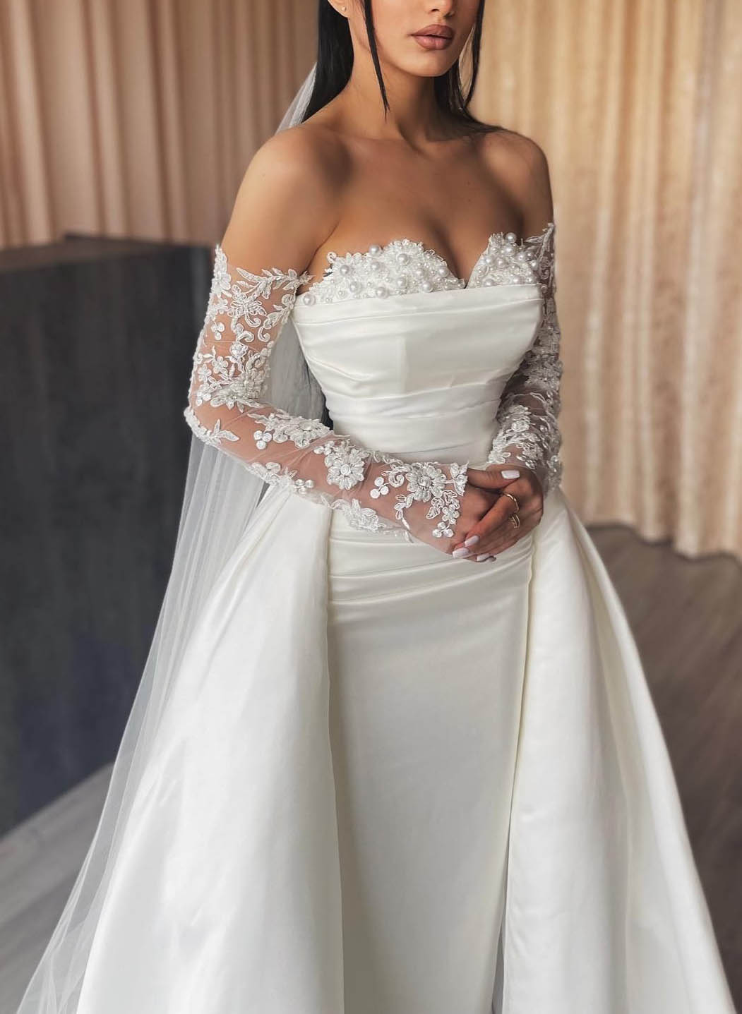 White Sweetheart Satin Sheath Chapel Train Wedding Dress Bodice Detail