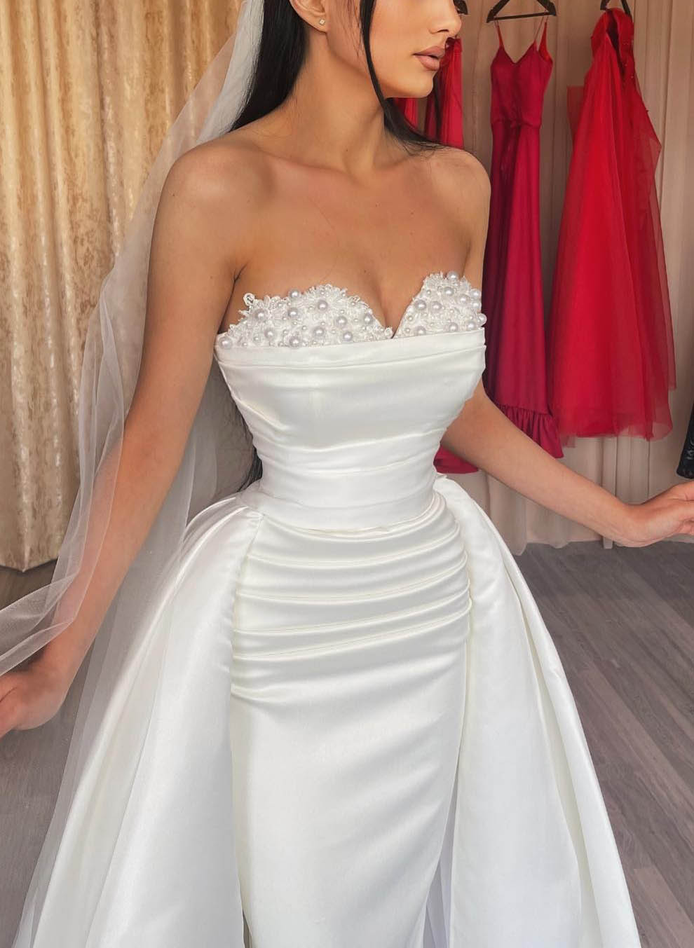 White Sweetheart Satin Sheath Chapel Train Wedding Dress Bodice Detail