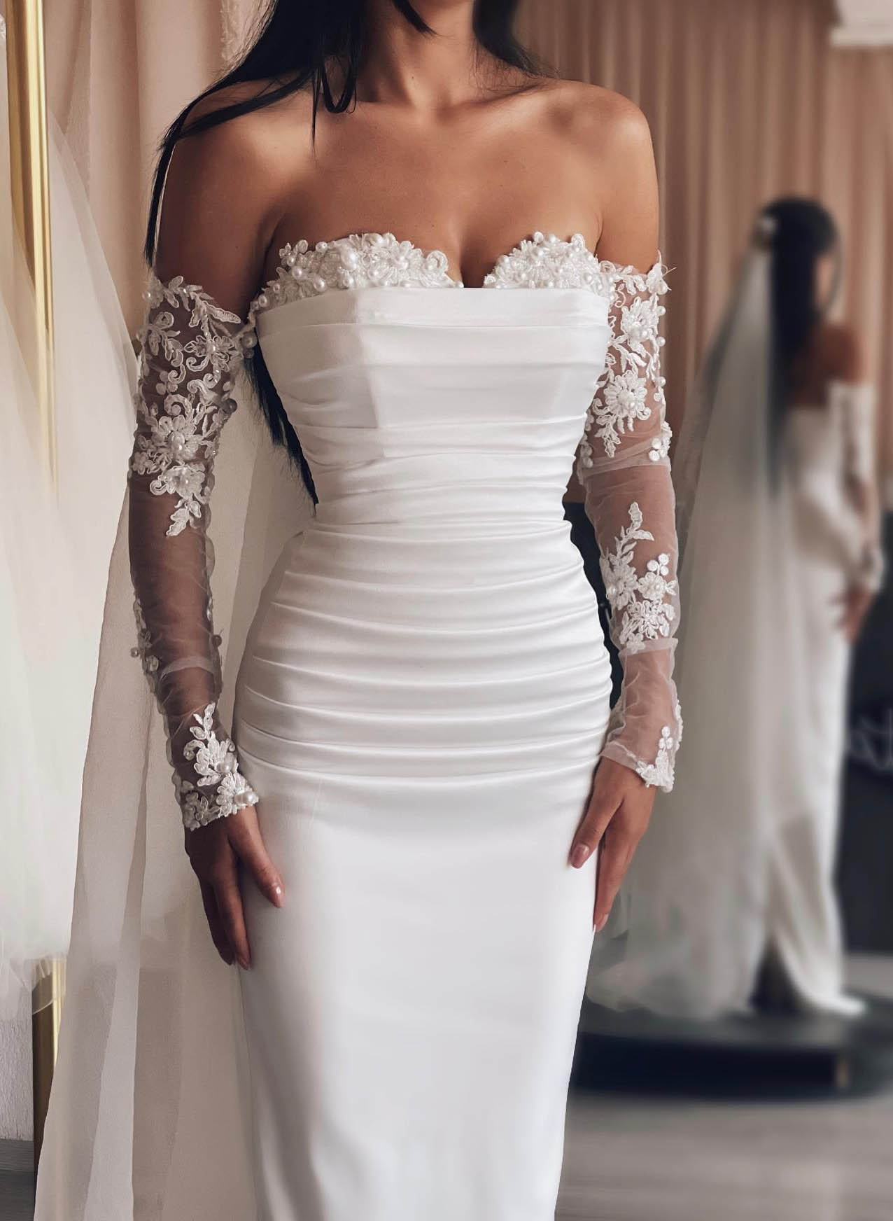 White Sweetheart Satin Sheath Chapel Train Wedding Dress Bodice Detail