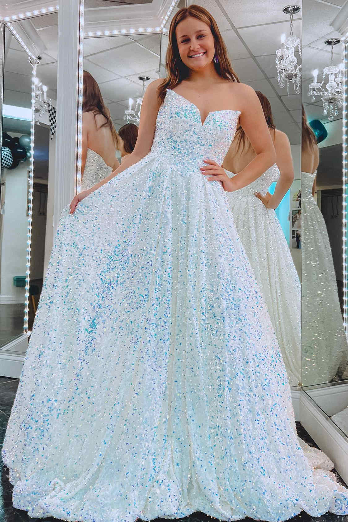 White Sweetheart Sequin A-Line Long Prom Dress