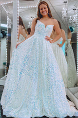 White Sweetheart Sequin A-Line Long Prom Dress