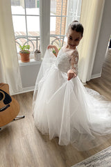 White Tulle A-Line Flower Girl Dress with Long Sleeves 2