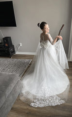White Tulle A-Line Flower Girl Dress with Long Sleeves