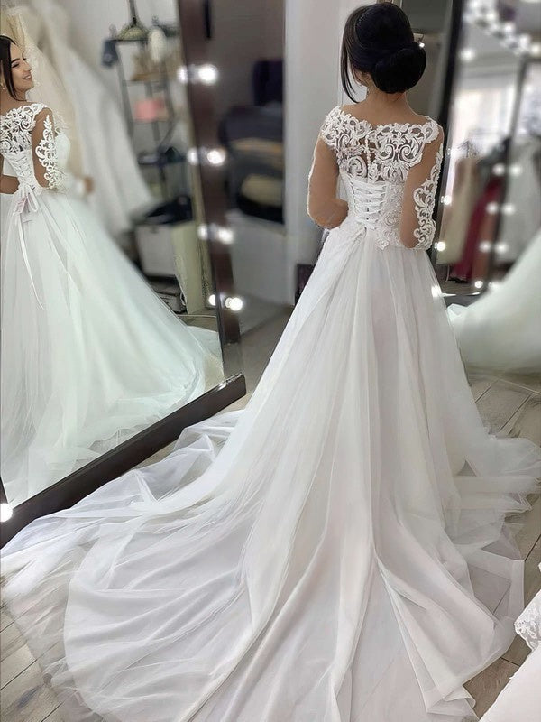 White Tulle A-Line Sweep Train Wedding Dress with Lace Appliques and Long Sleeves Back View
