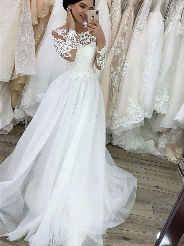 White Tulle A-Line Sweep Train Wedding Dress with Lace Appliques and Long Sleeves