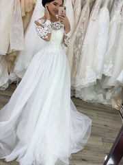 White Tulle A-Line Sweep Train Wedding Dress with Lace Appliques and Long Sleeves