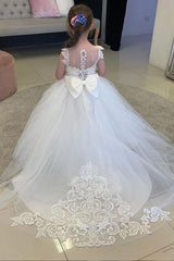 White Tulle Ball Gown Flower Girl Dress with Lace Appliques Back View