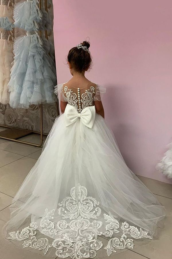 White Tulle Ball Gown Flower Girl Dress with Lace Appliques and Bow Back View