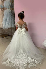 White Tulle Ball Gown Flower Girl Dress with Lace Appliques and Bow Back View