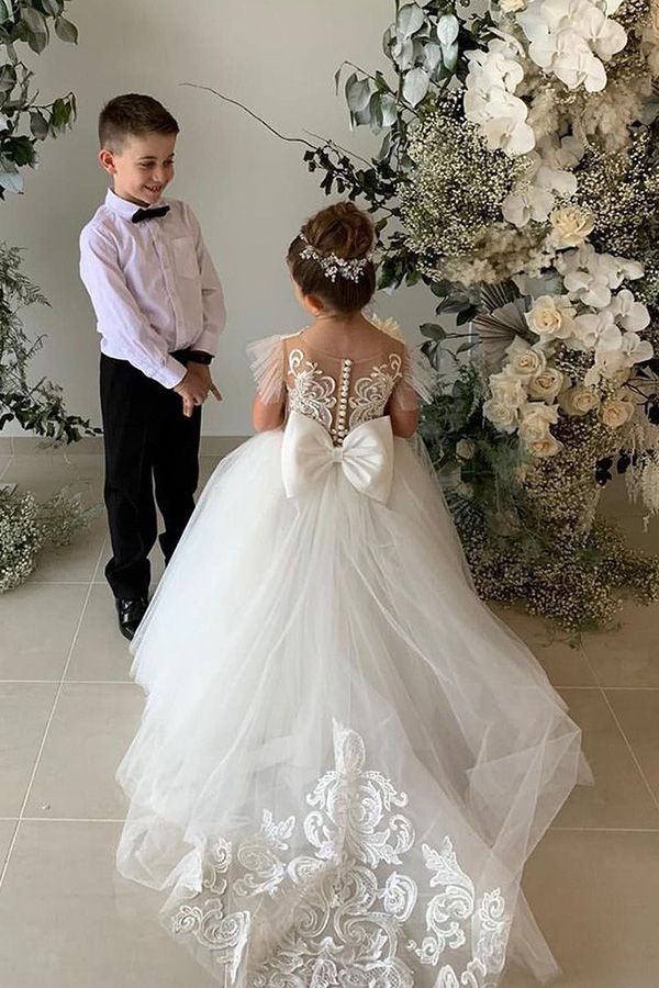 White Tulle Ball Gown Flower Girl Dress with Lace Appliques and Bow Back View
