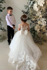 White Tulle Ball Gown Flower Girl Dress with Lace Appliques and Bow Back View