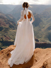 White V-Neck A-Line Sweep Train Wedding Dress with Lace Appliques and Long Sleeves Back View