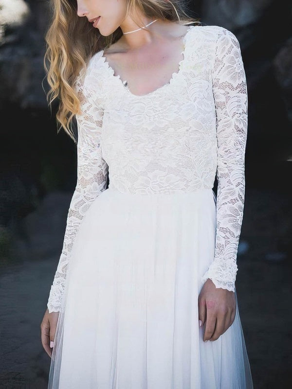 White V-Neck A-Line Sweep Train Wedding Dress with Lace Appliques and Long Sleeves Bodice Detail