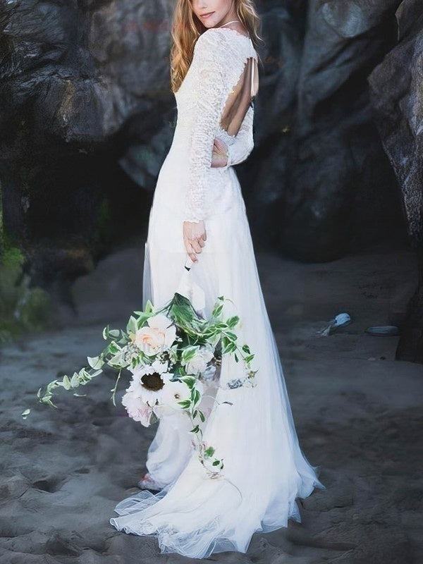 White V-Neck A-Line Sweep Train Wedding Dress with Lace Appliques and Long Sleeves Side View