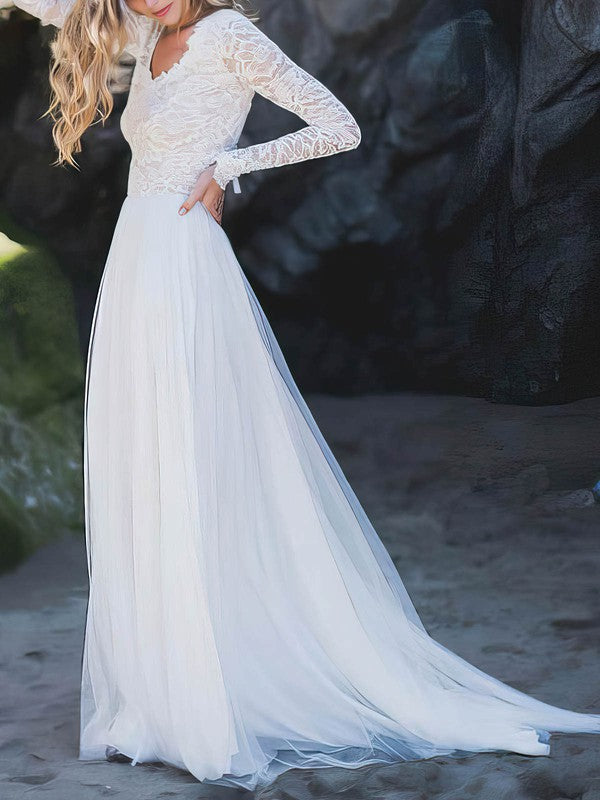 White V-Neck A-Line Sweep Train Wedding Dress with Lace Appliques and Long Sleeves