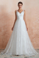White V-Neck A-Line Wedding Dress with Lace Appliques