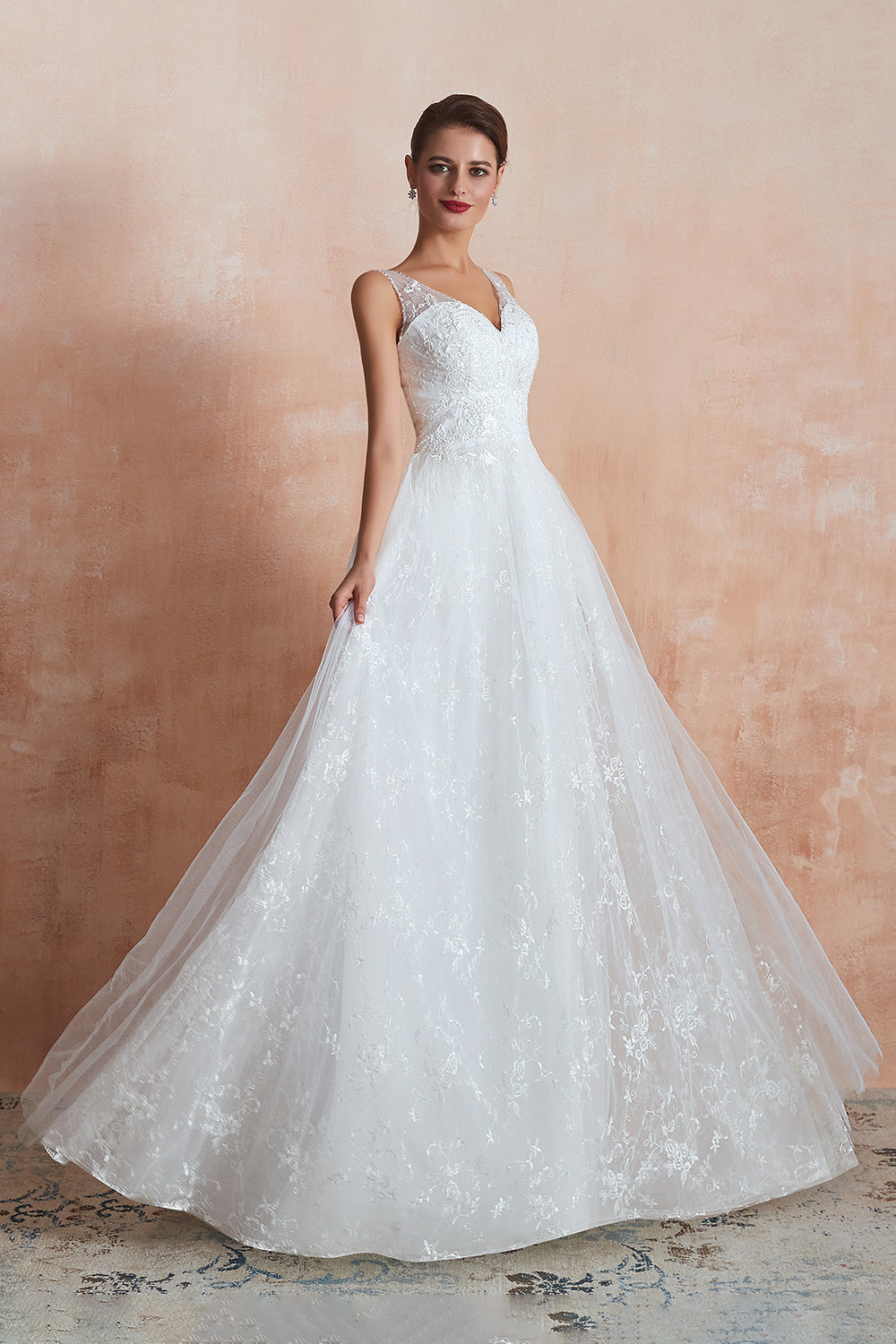 White V-Neck A-Line Wedding Dress with Lace Appliques