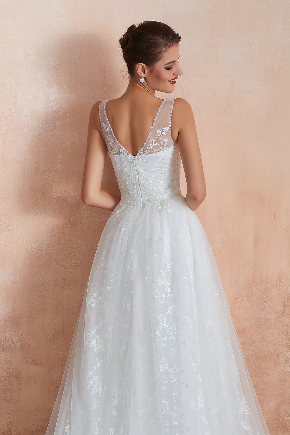 White V-Neck A-Line Wedding Dress with Lace Appliques Back Detail