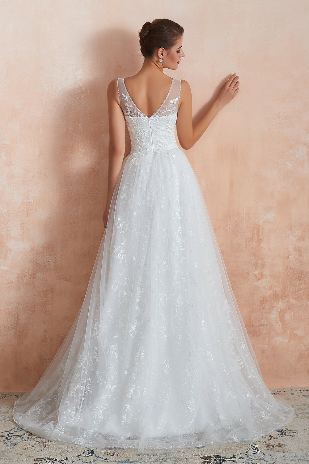 White V-Neck A-Line Wedding Dress with Lace Appliques Back View