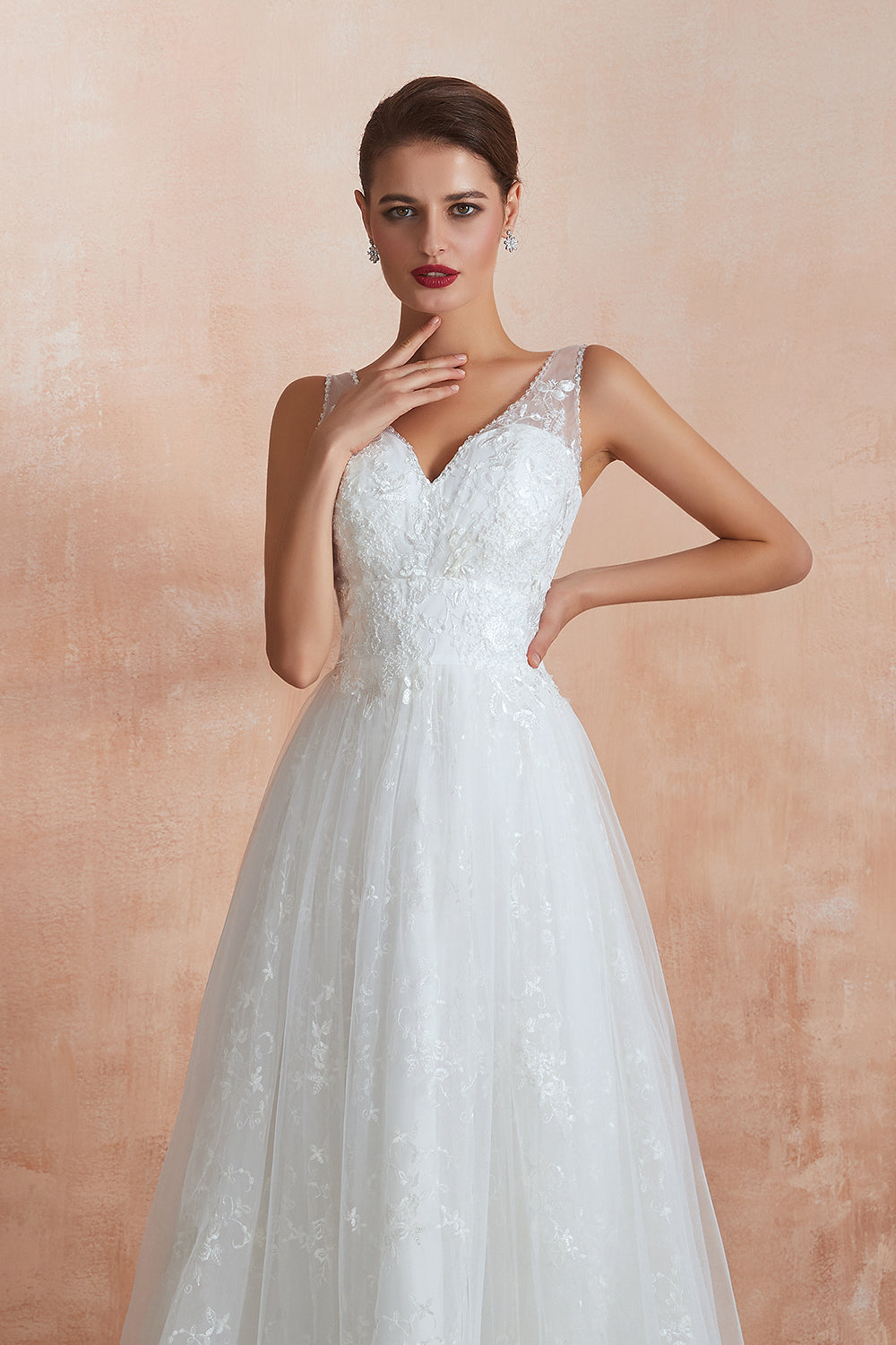 White V-Neck A-Line Wedding Dress with Lace Appliques Bodice Detail