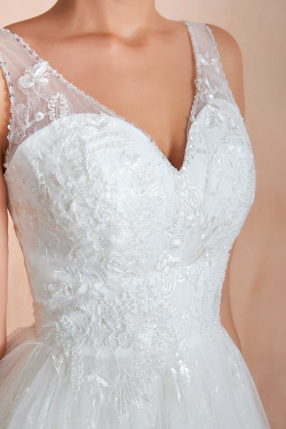 White V-Neck A-Line Wedding Dress with Lace Appliques Bodice Detail