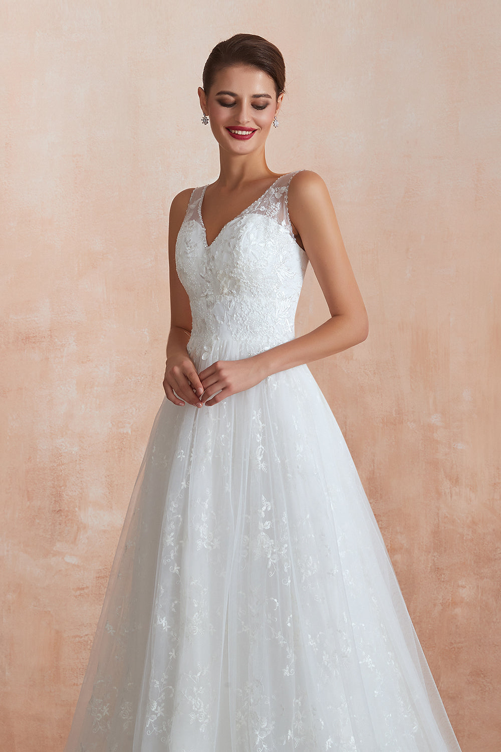 White V-Neck A-Line Wedding Dress with Lace Appliques Bodice Detail