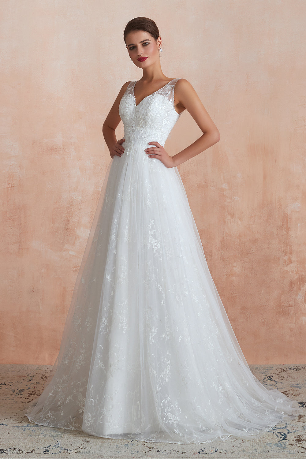 White V-Neck A-Line Wedding Dress with Lace Appliques Side View