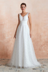 White V-Neck A-Line Wedding Dress with Lace Appliques and Pearls