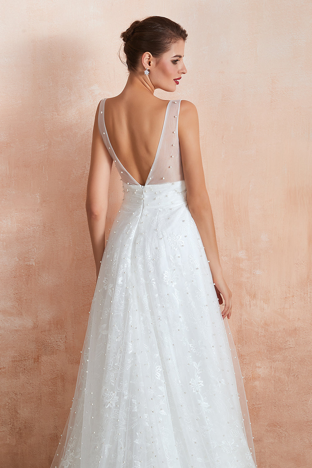 White V-Neck A-Line Wedding Dress with Lace Appliques and Pearls Back Detail
