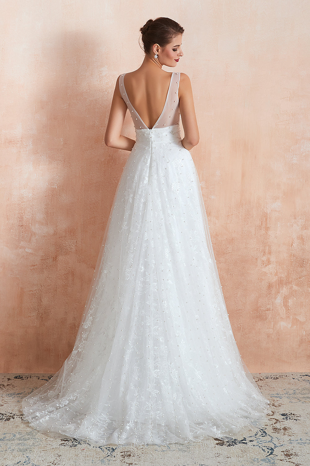 White V-Neck A-Line Wedding Dress with Lace Appliques and Pearls Back View