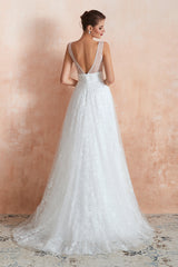 White V-Neck A-Line Wedding Dress with Lace Appliques and Pearls Back View