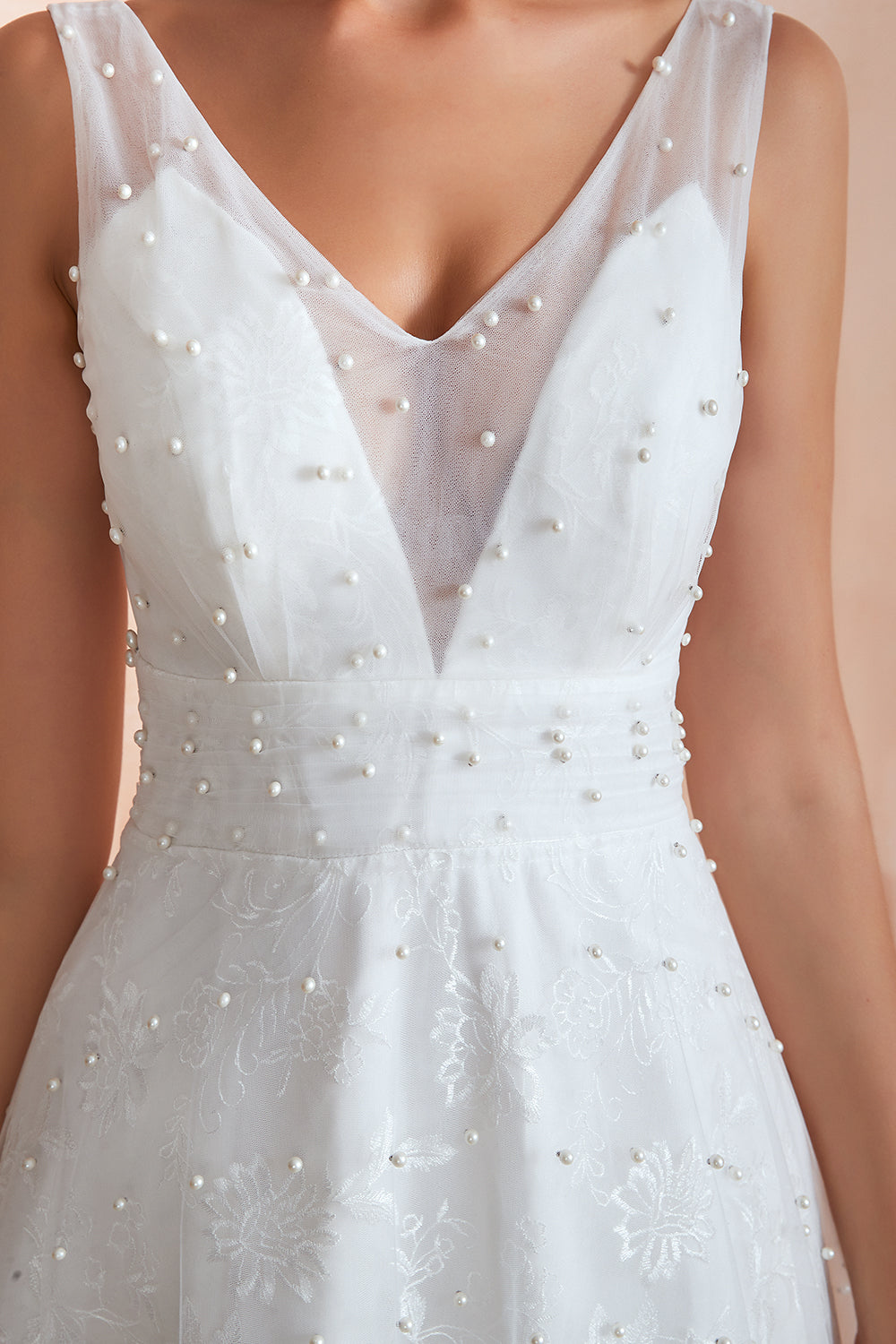 White V-Neck A-Line Wedding Dress with Lace Appliques and Pearls Bodice Detail