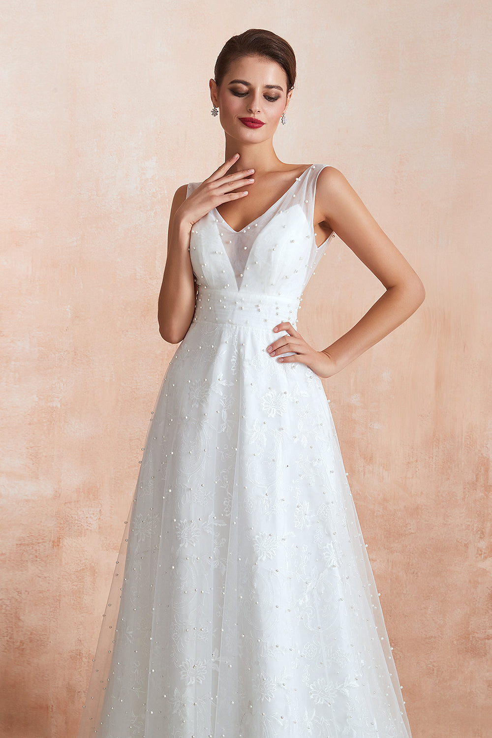 White V-Neck A-Line Wedding Dress with Lace Appliques and Pearls Bodice Detail