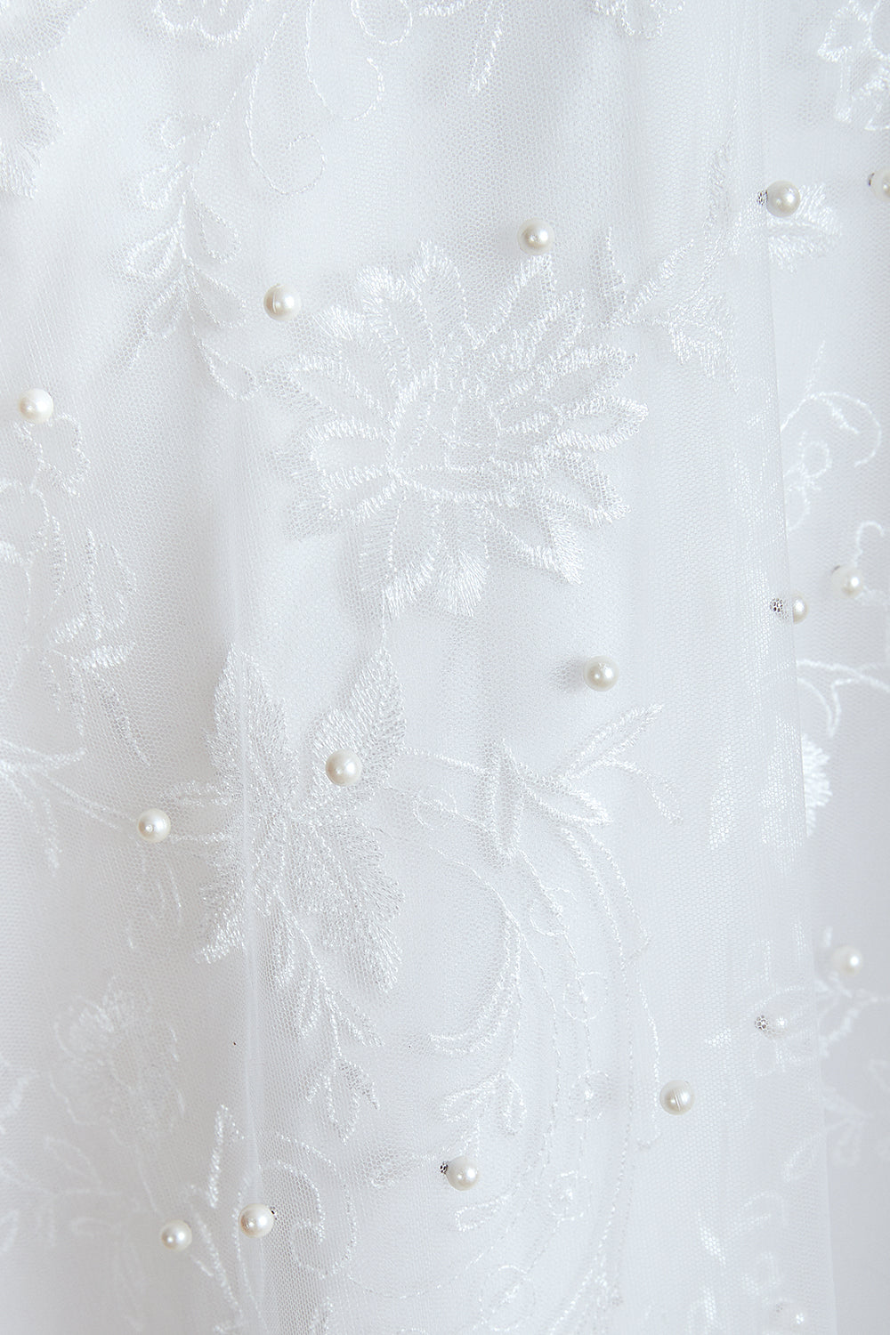 White V-Neck A-Line Wedding Dress with Lace Appliques and Pearls Fabric Detail