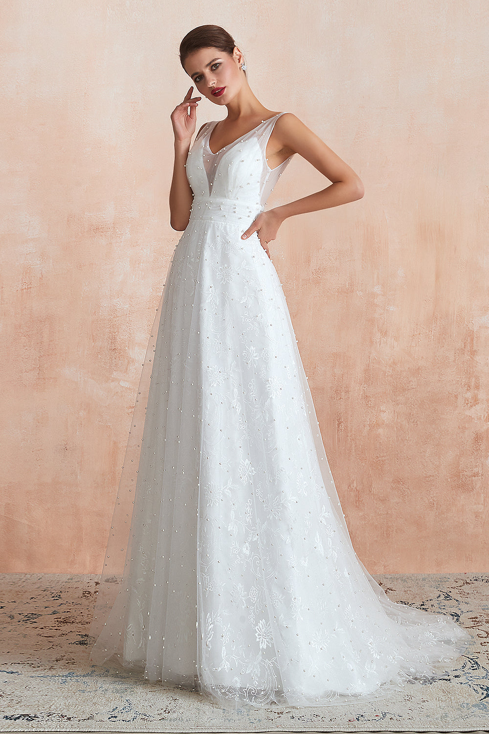 White V-Neck A-Line Wedding Dress with Lace Appliques and Pearls Side View