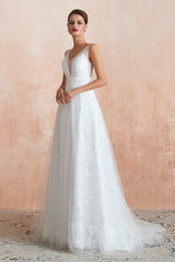 White V-Neck A-Line Wedding Dress with Lace Appliques and Pearls Side View